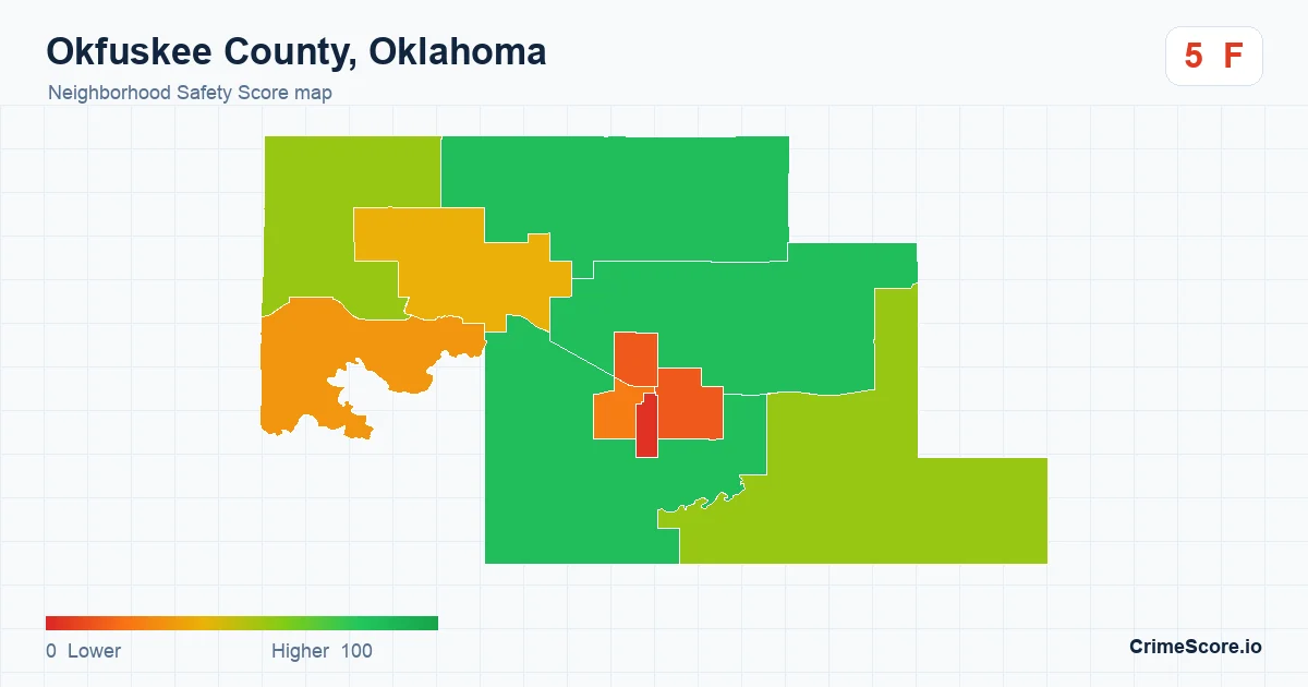 Okfuskee County, Oklahoma neighborhood Safety Score map by Census block group