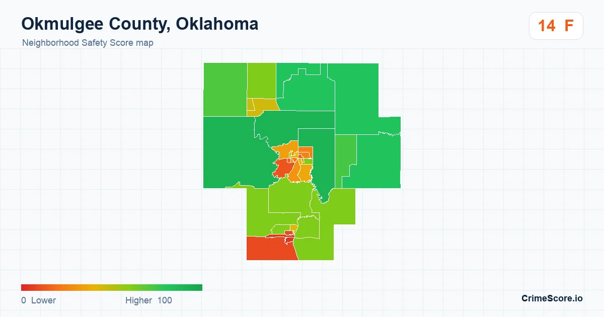 Okmulgee County, Oklahoma neighborhood Safety Score map by Census block group