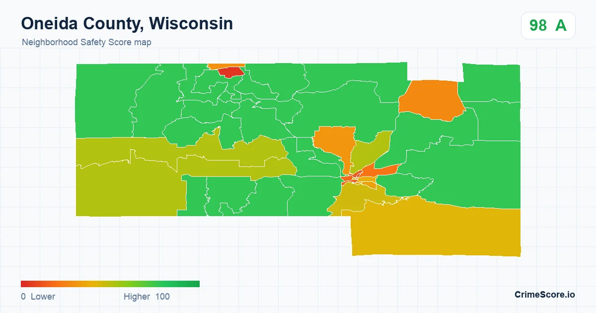 Oneida County, Wisconsin neighborhood Safety Score map by Census block group