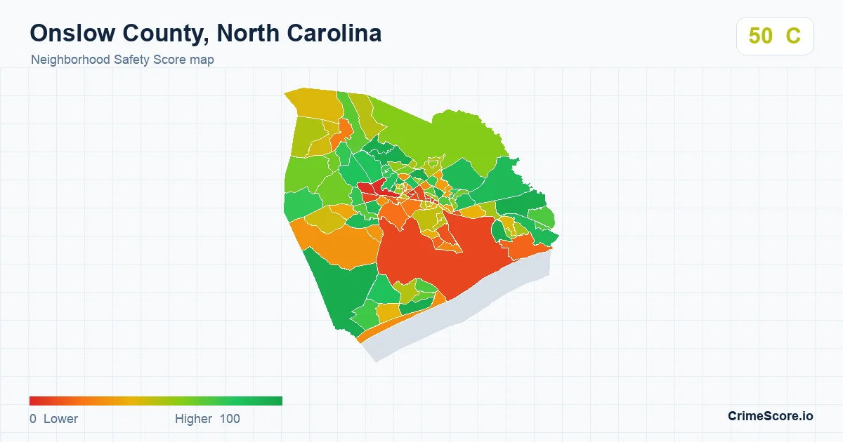 Onslow County, North Carolina neighborhood Safety Score map by Census block group