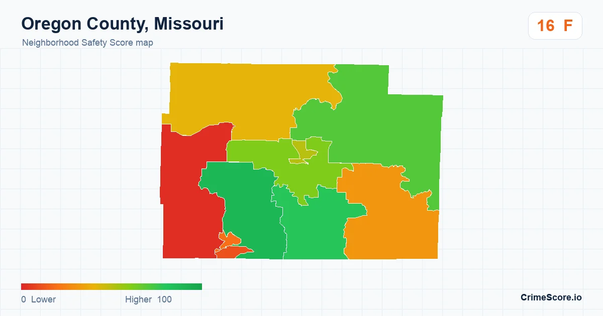 Oregon County, Missouri neighborhood Safety Score map by Census block group