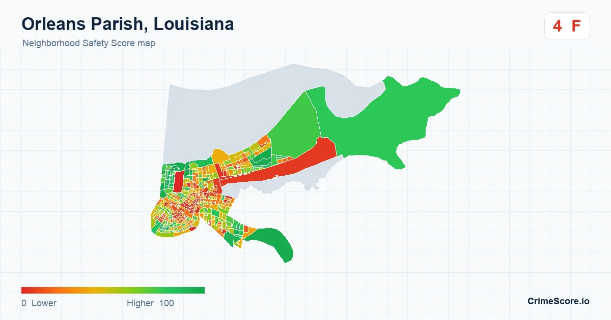 Orleans Parish, Louisiana neighborhood Safety Score map by Census block group