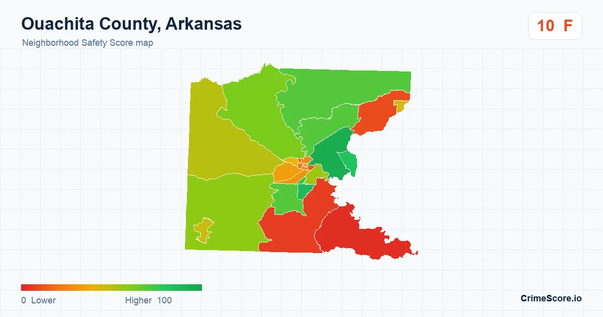 Ouachita County, Arkansas neighborhood Safety Score map by Census block group