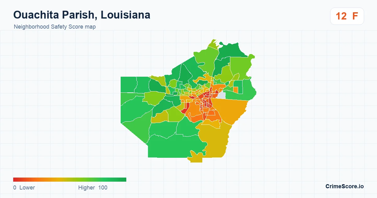 Ouachita Parish, Louisiana neighborhood Safety Score map by Census block group