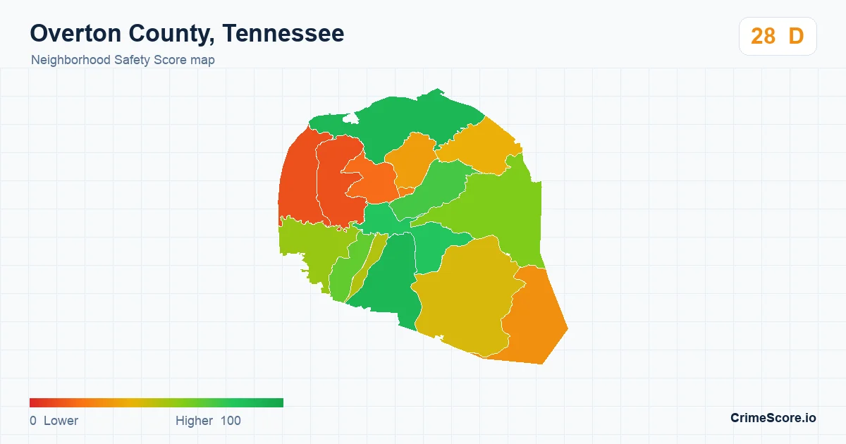 Overton County, Tennessee neighborhood Safety Score map by Census block group