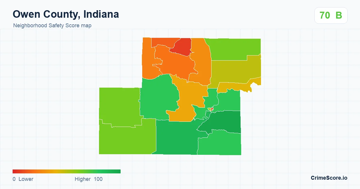 Owen County, Indiana neighborhood Safety Score map by Census block group
