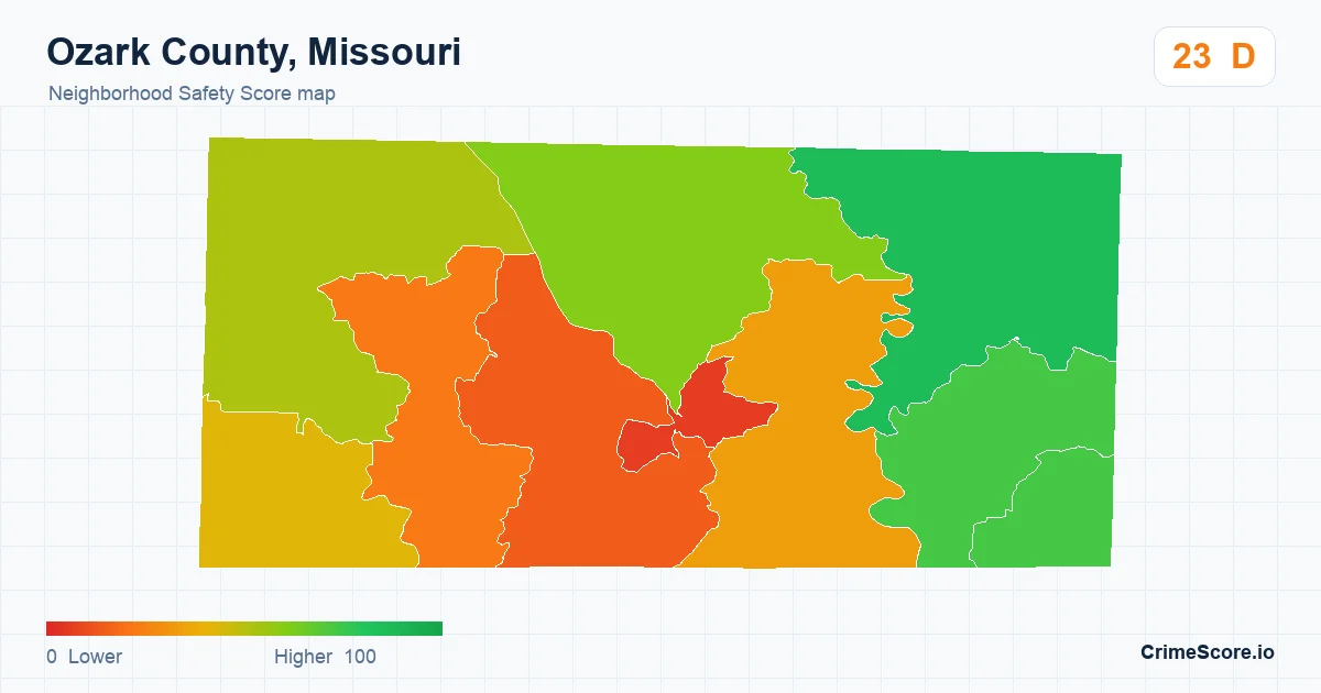 Ozark County, Missouri neighborhood Safety Score map by Census block group
