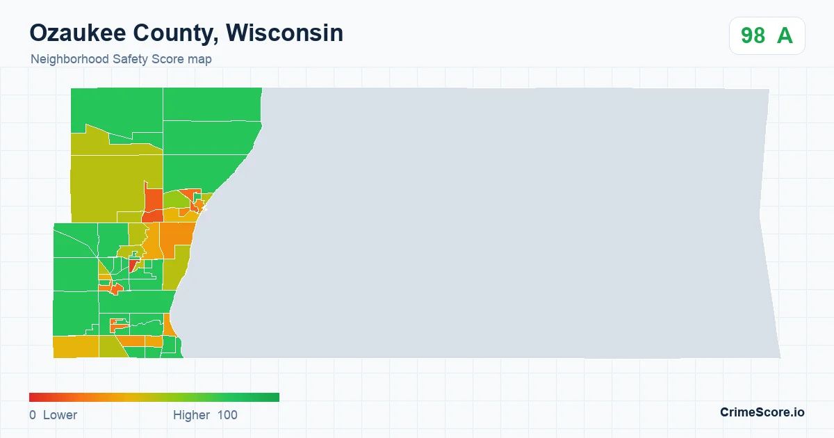 Ozaukee County, Wisconsin neighborhood Safety Score map by Census block group