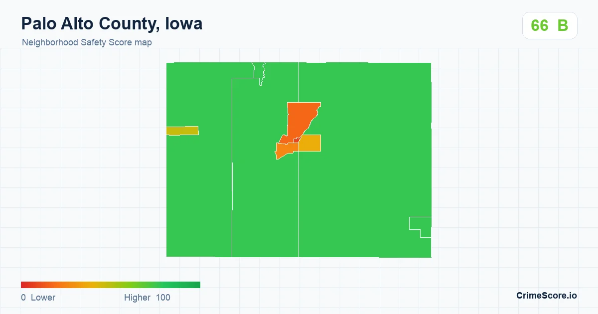 Palo Alto County, Iowa neighborhood Safety Score map by Census block group