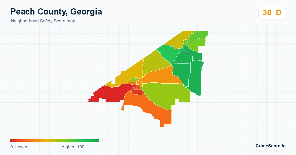 Peach County, Georgia neighborhood Safety Score map by Census block group