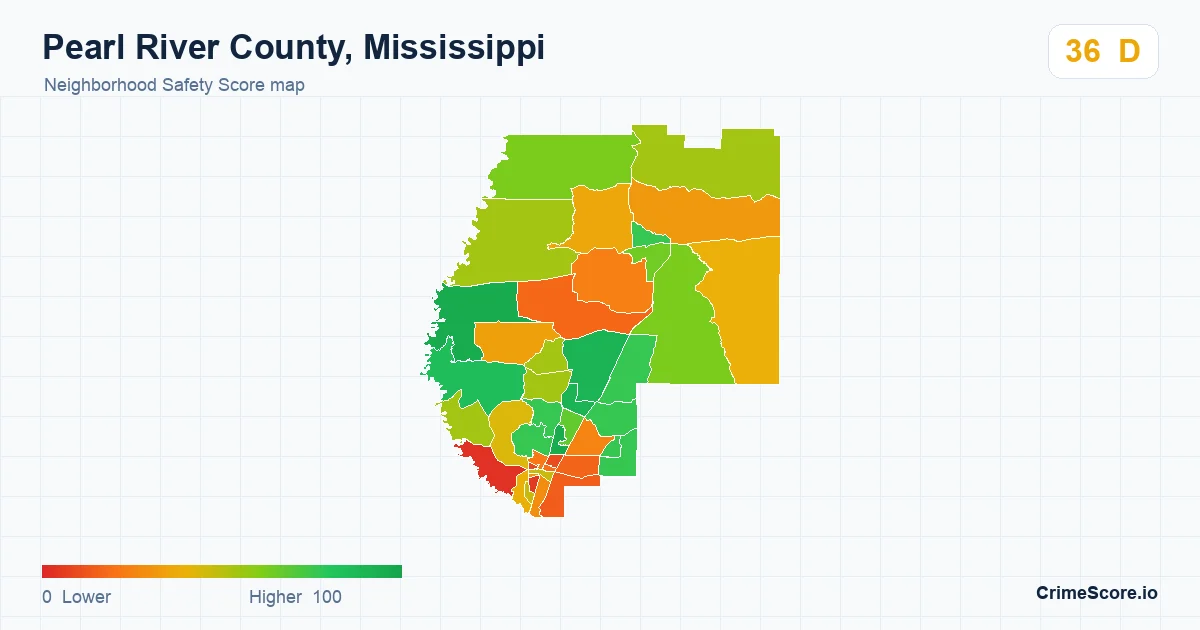Pearl River County, Mississippi neighborhood Safety Score map by Census block group