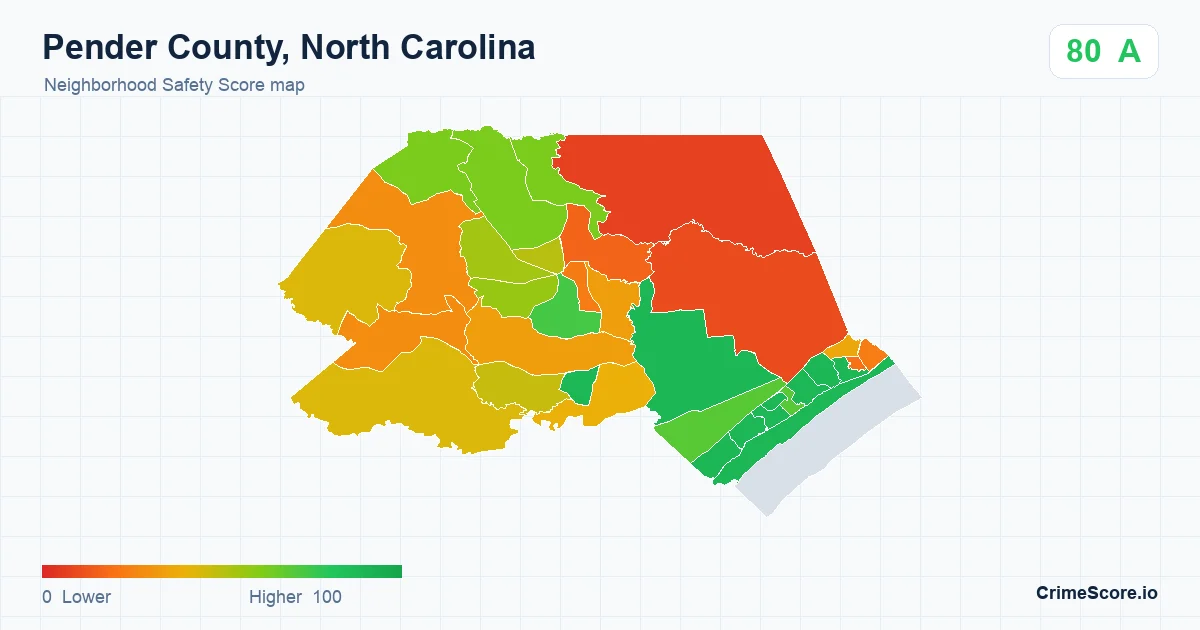 Pender County, North Carolina neighborhood Safety Score map by Census block group
