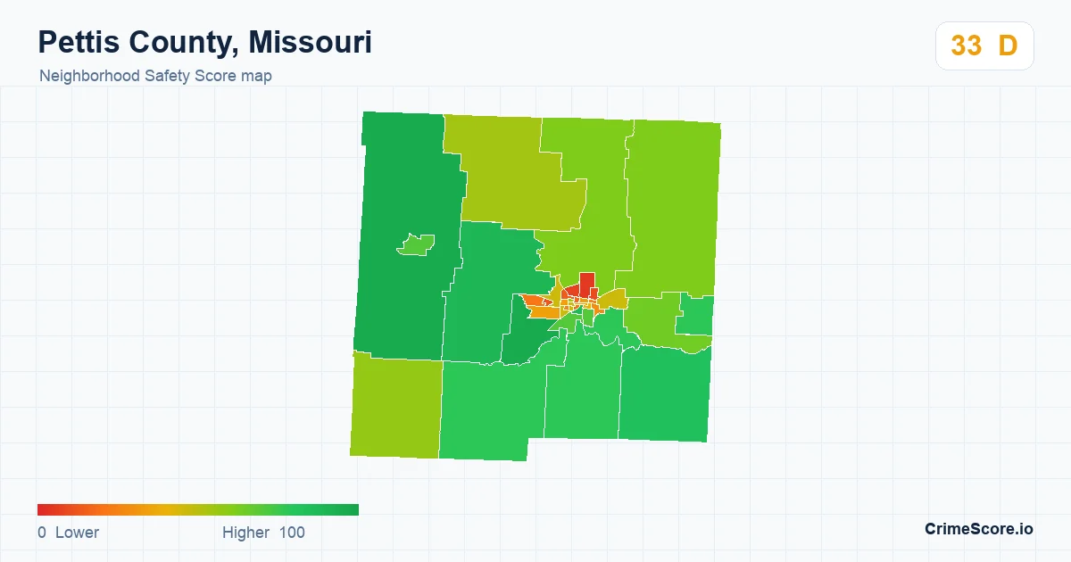 Pettis County, Missouri neighborhood Safety Score map by Census block group