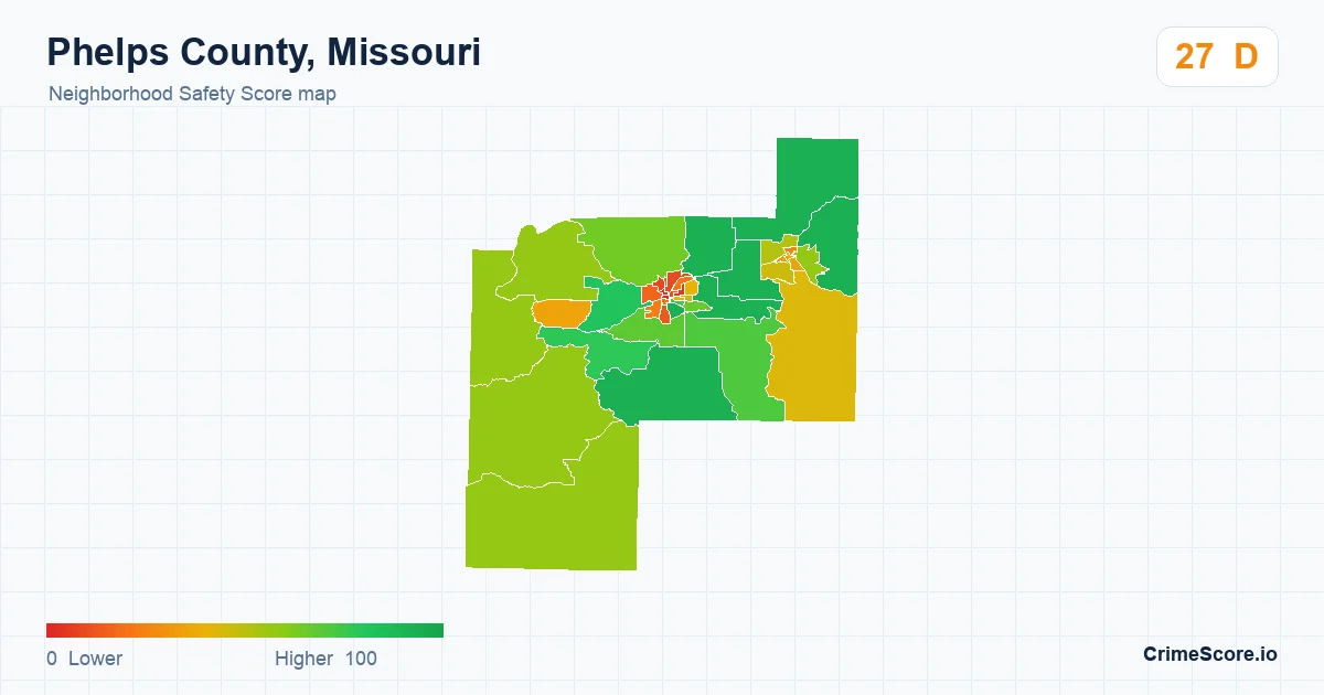 Phelps County, Missouri neighborhood Safety Score map by Census block group