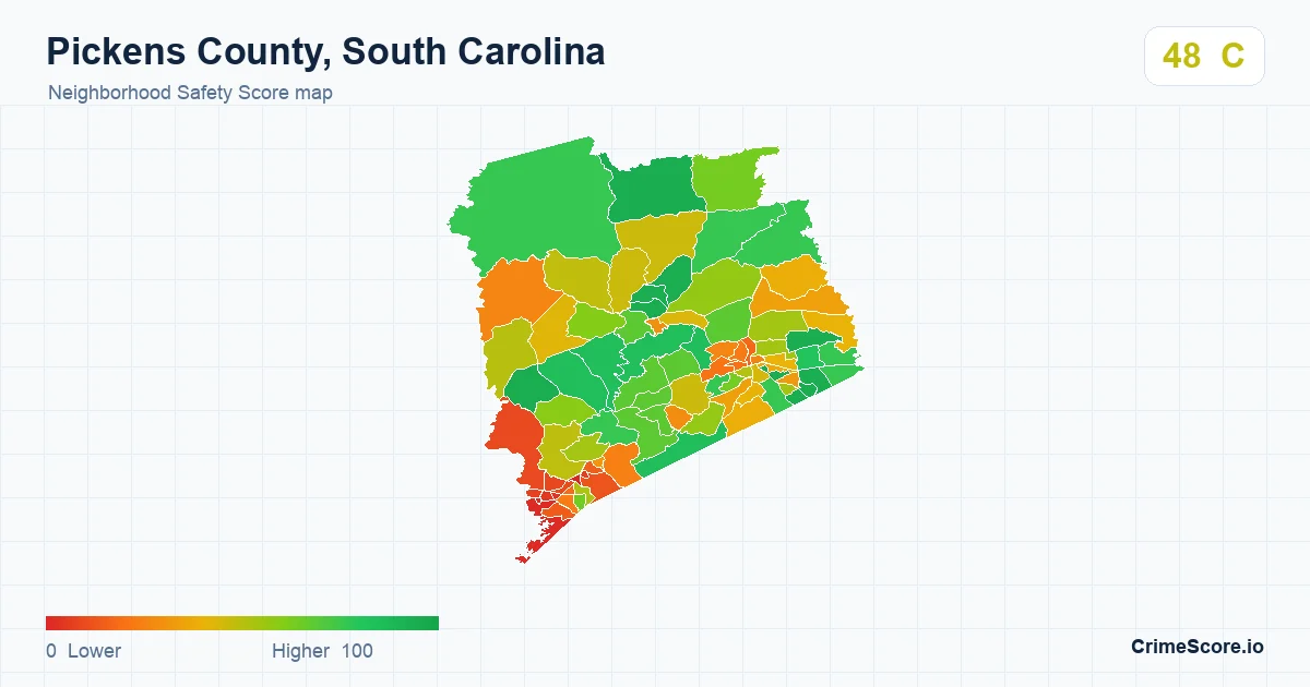 Pickens County, South Carolina neighborhood Safety Score map by Census block group