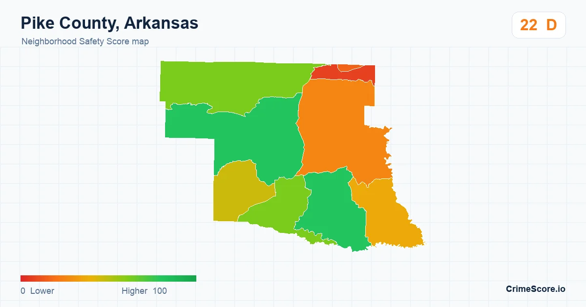 Pike County, Arkansas neighborhood Safety Score map by Census block group