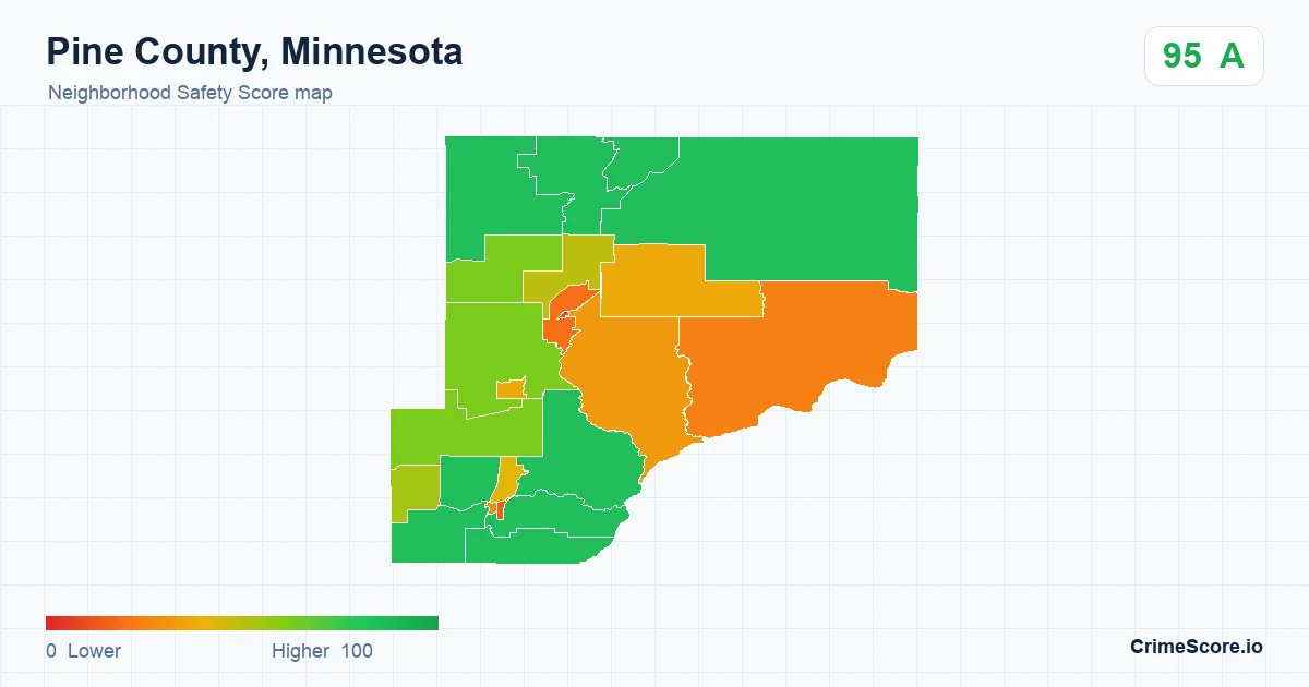 Pine County, Minnesota neighborhood Safety Score map by Census block group