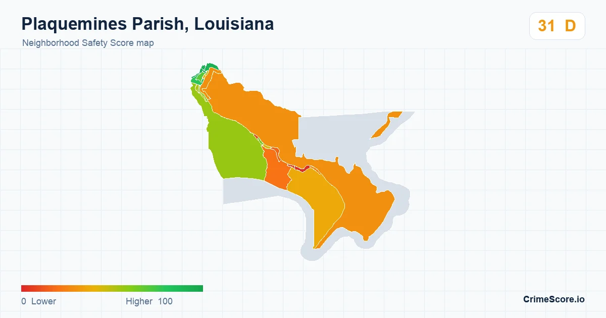 Plaquemines Parish, Louisiana neighborhood Safety Score map by Census block group