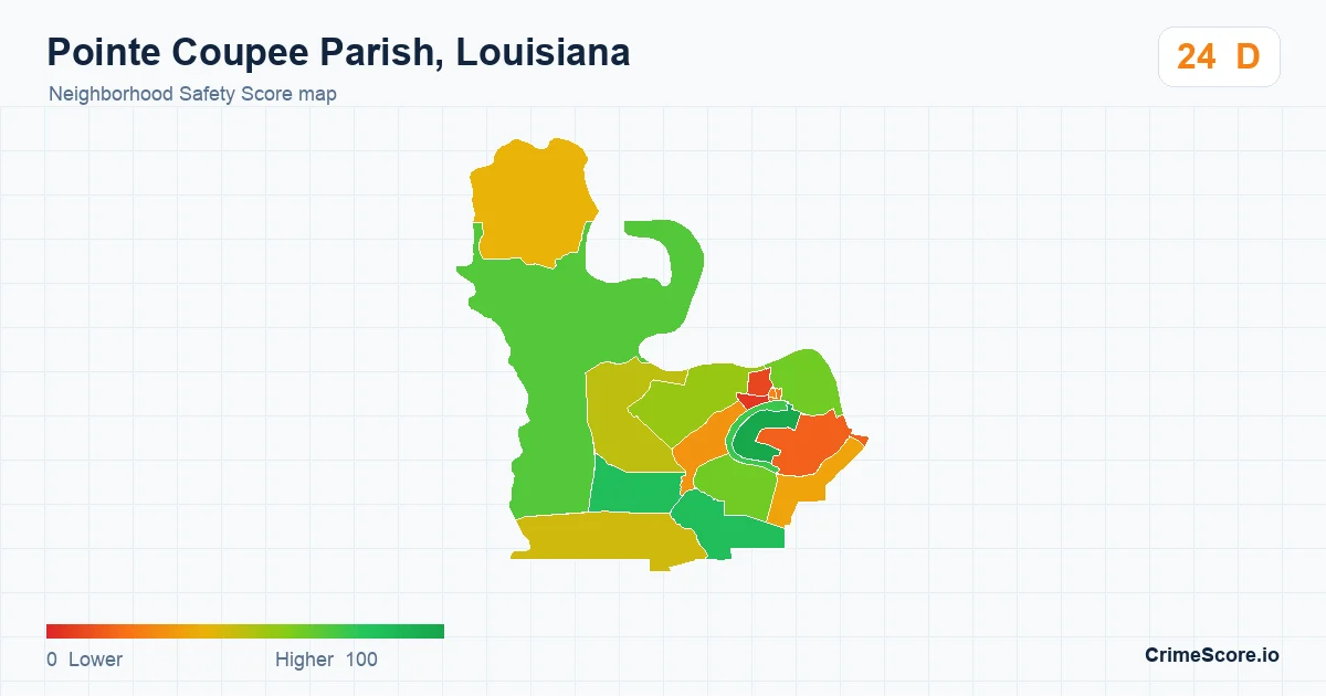 Pointe Coupee Parish, Louisiana neighborhood Safety Score map by Census block group