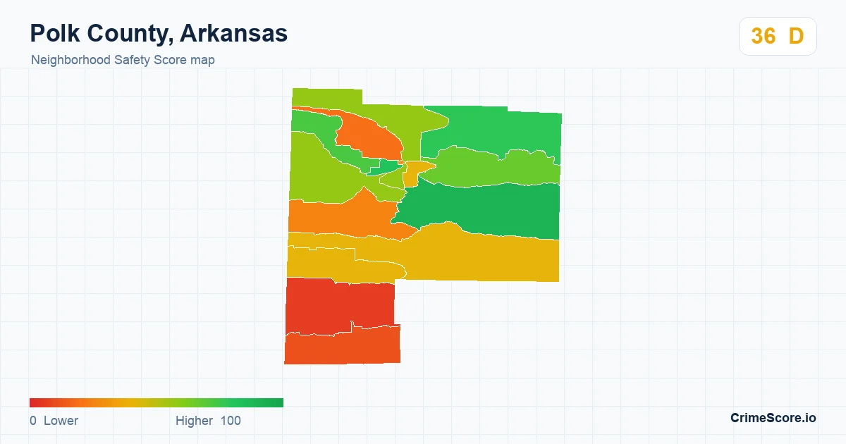 Polk County, Arkansas neighborhood Safety Score map by Census block group