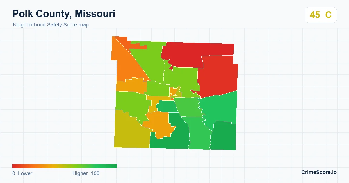 Polk County, Missouri neighborhood Safety Score map by Census block group