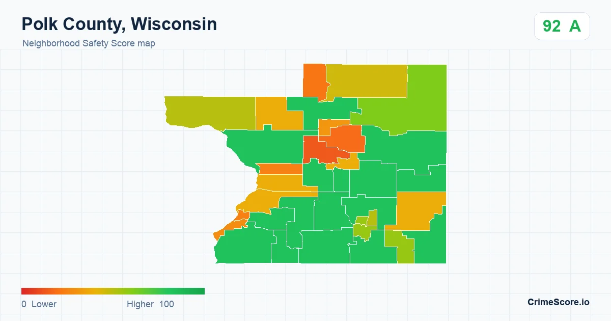 Polk County, Wisconsin neighborhood Safety Score map by Census block group