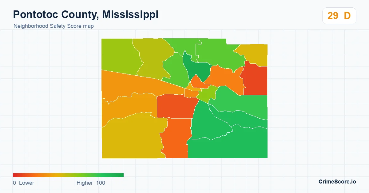 Pontotoc County, Mississippi neighborhood Safety Score map by Census block group