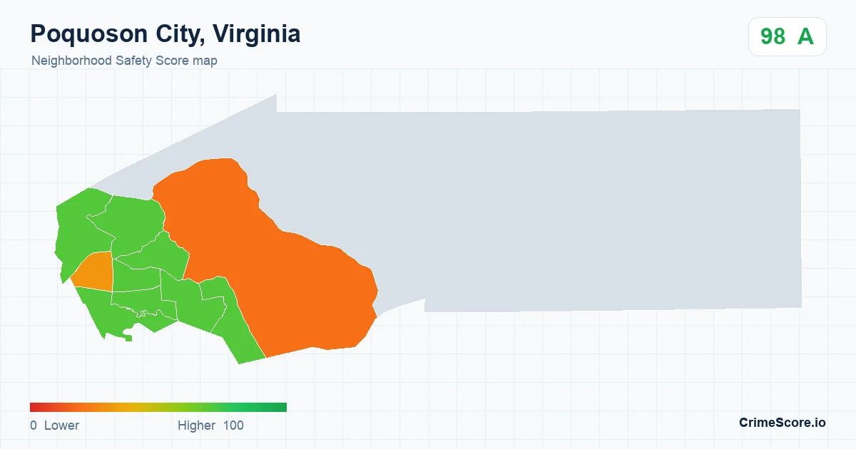 Poquoson City, Virginia neighborhood Safety Score map by Census block group
