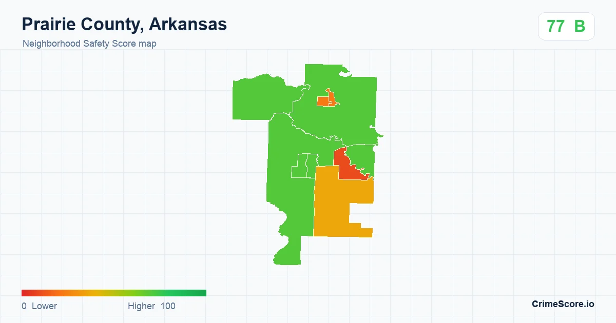 Prairie County, Arkansas neighborhood Safety Score map by Census block group