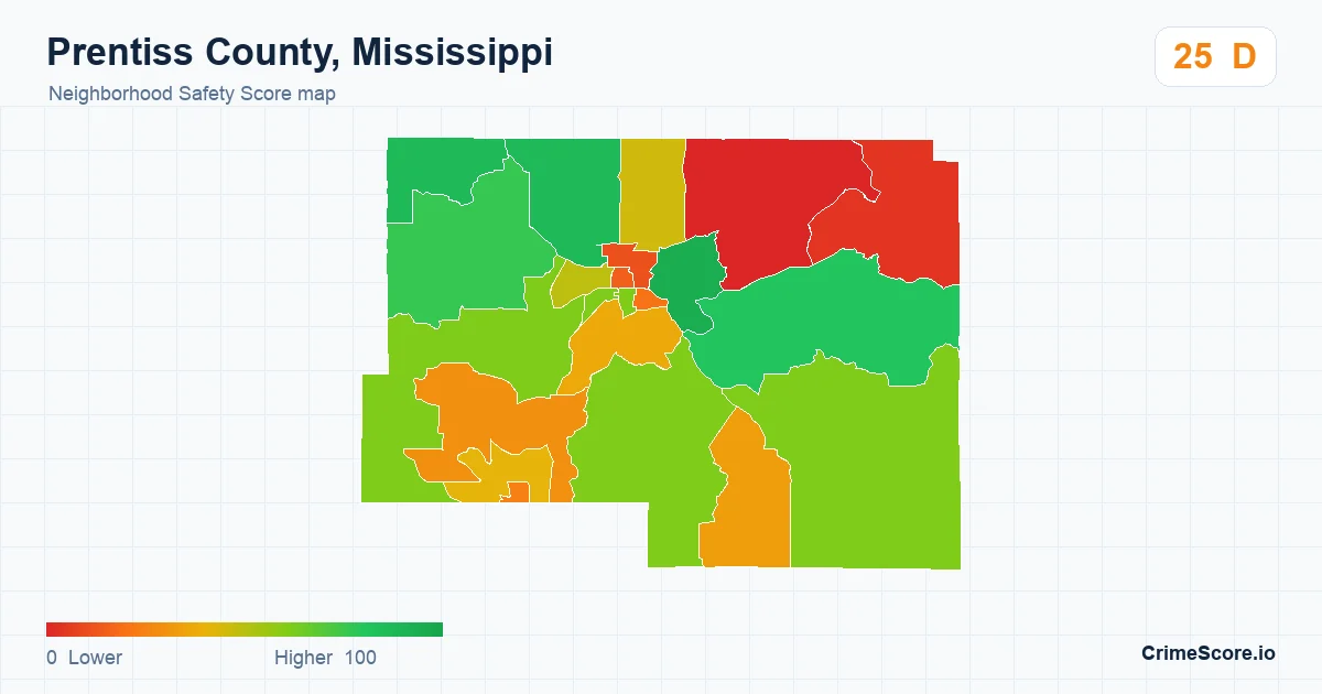 Prentiss County, Mississippi neighborhood Safety Score map by Census block group