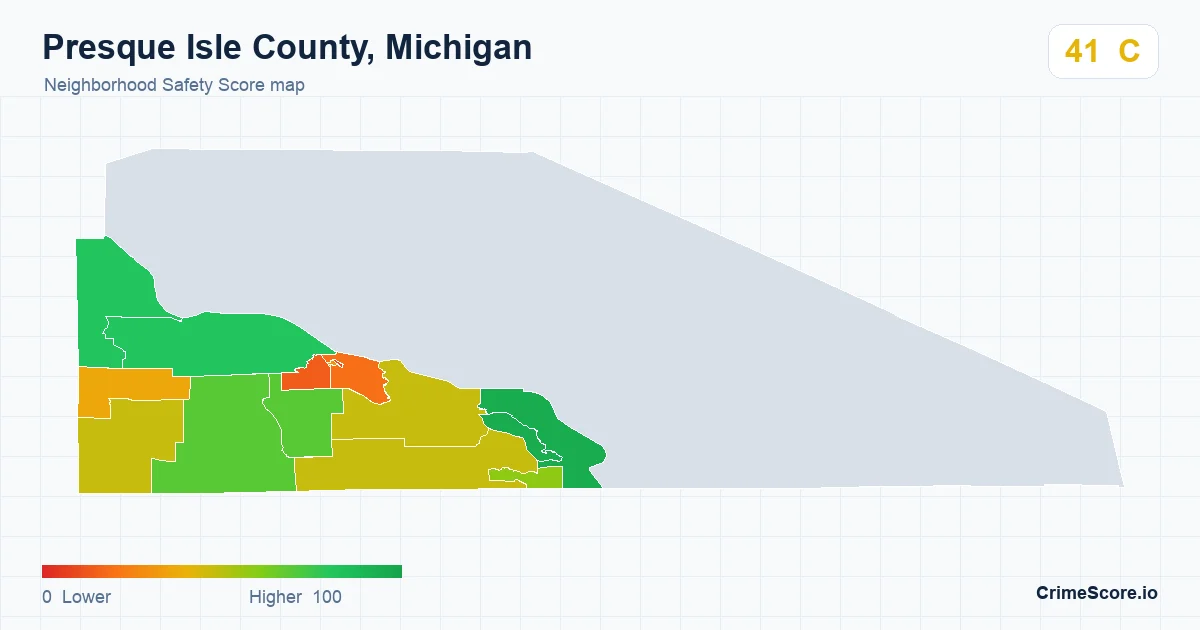 Presque Isle County, Michigan neighborhood Safety Score map by Census block group