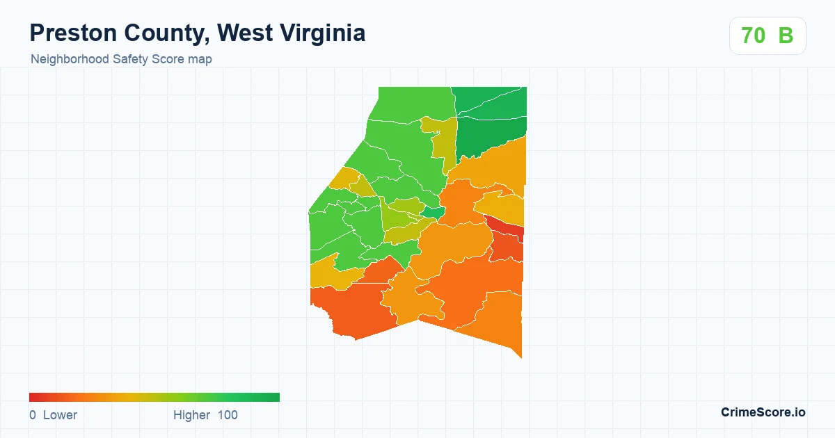 Preston County, West Virginia neighborhood Safety Score map by Census block group