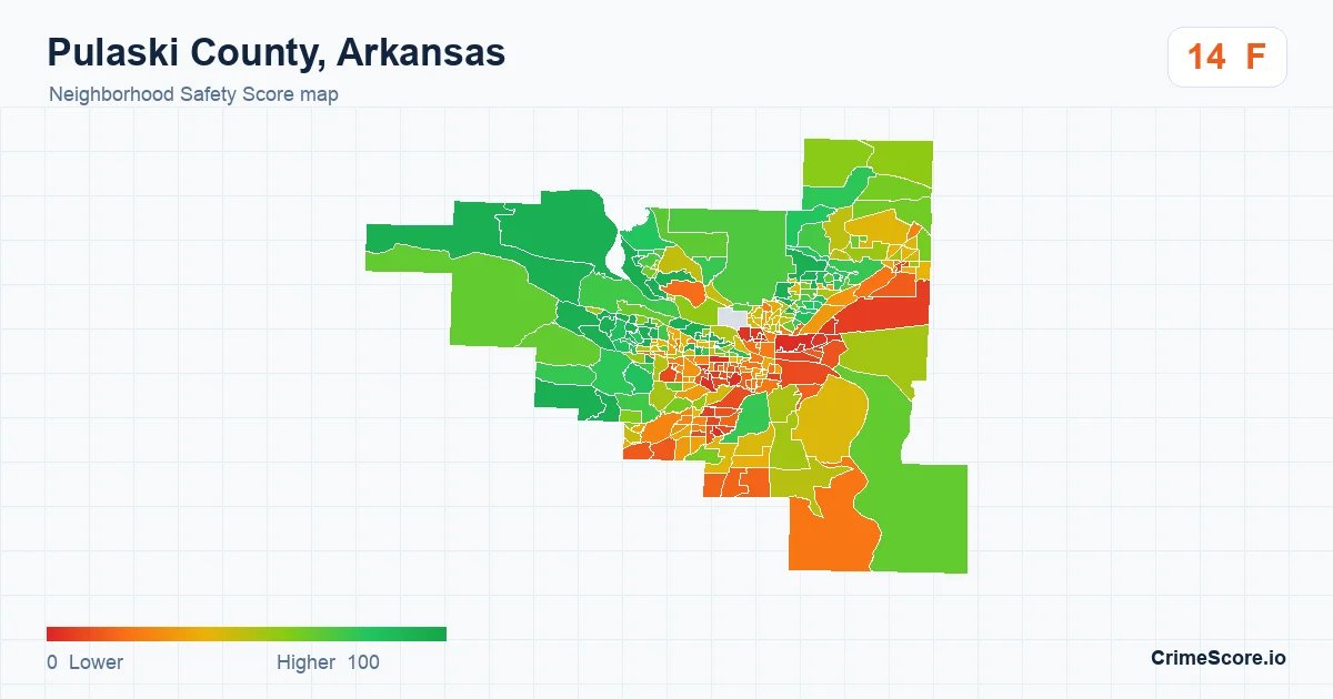 Pulaski County, Arkansas neighborhood Safety Score map by Census block group