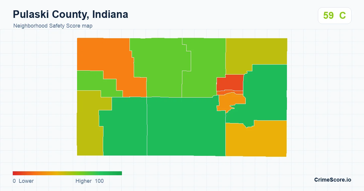 Pulaski County, Indiana neighborhood Safety Score map by Census block group
