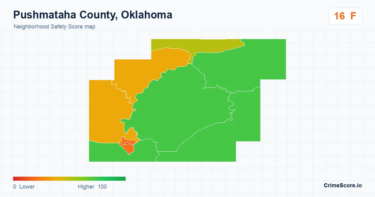 Pushmataha County, Oklahoma neighborhood Safety Score map by Census block group