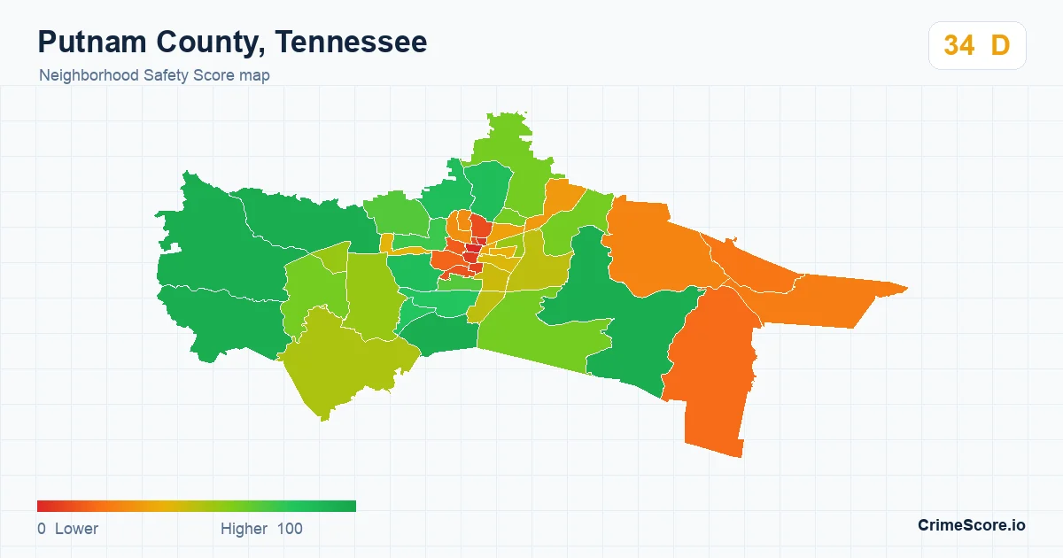 Putnam County, Tennessee neighborhood Safety Score map by Census block group