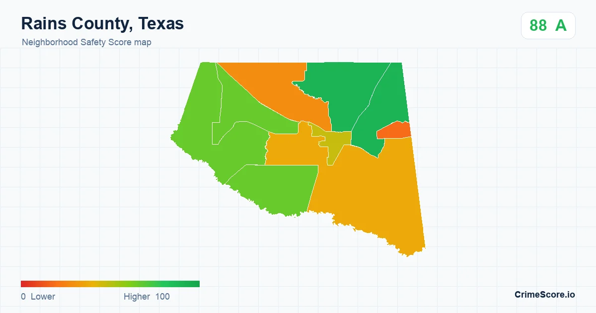 Rains County, Texas neighborhood Safety Score map by Census block group