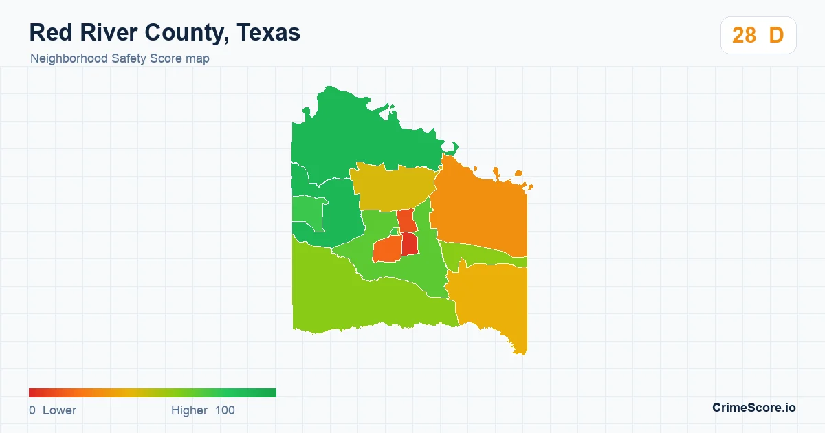 Red River County, Texas neighborhood Safety Score map by Census block group