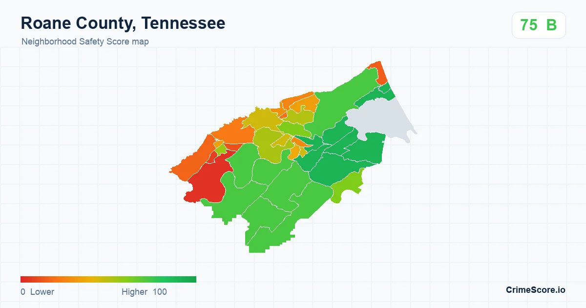 Roane County, Tennessee neighborhood Safety Score map by Census block group