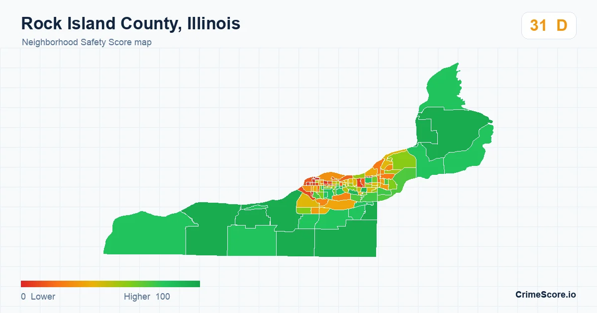 Rock Island County, Illinois neighborhood Safety Score map by Census block group