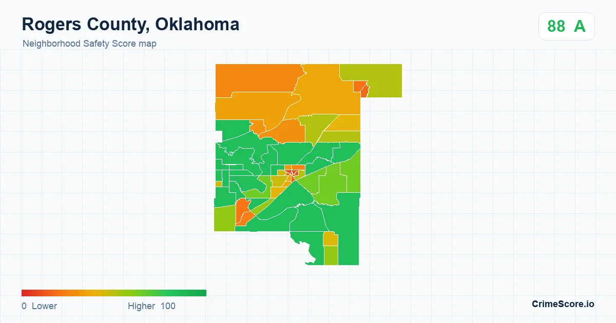 Rogers County, Oklahoma neighborhood Safety Score map by Census block group