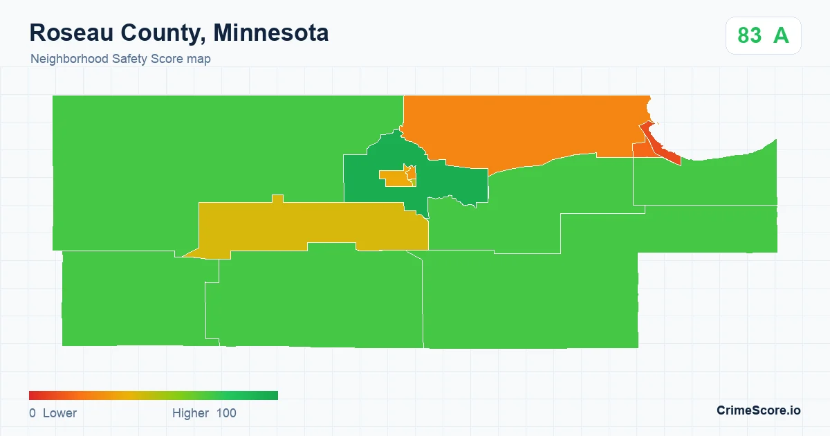 Roseau County, Minnesota neighborhood Safety Score map by Census block group