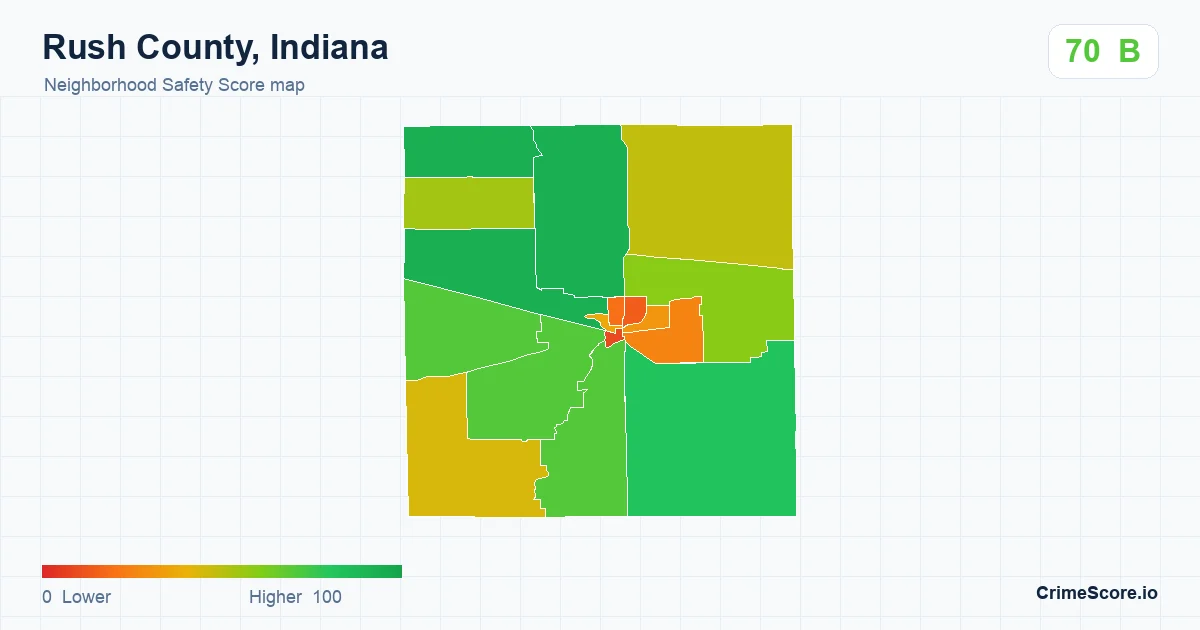 Rush County, Indiana neighborhood Safety Score map by Census block group