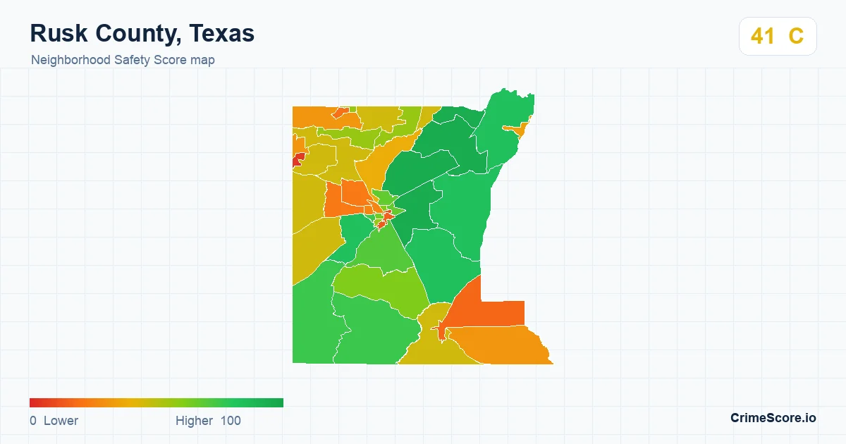 Rusk County, Texas neighborhood Safety Score map by Census block group