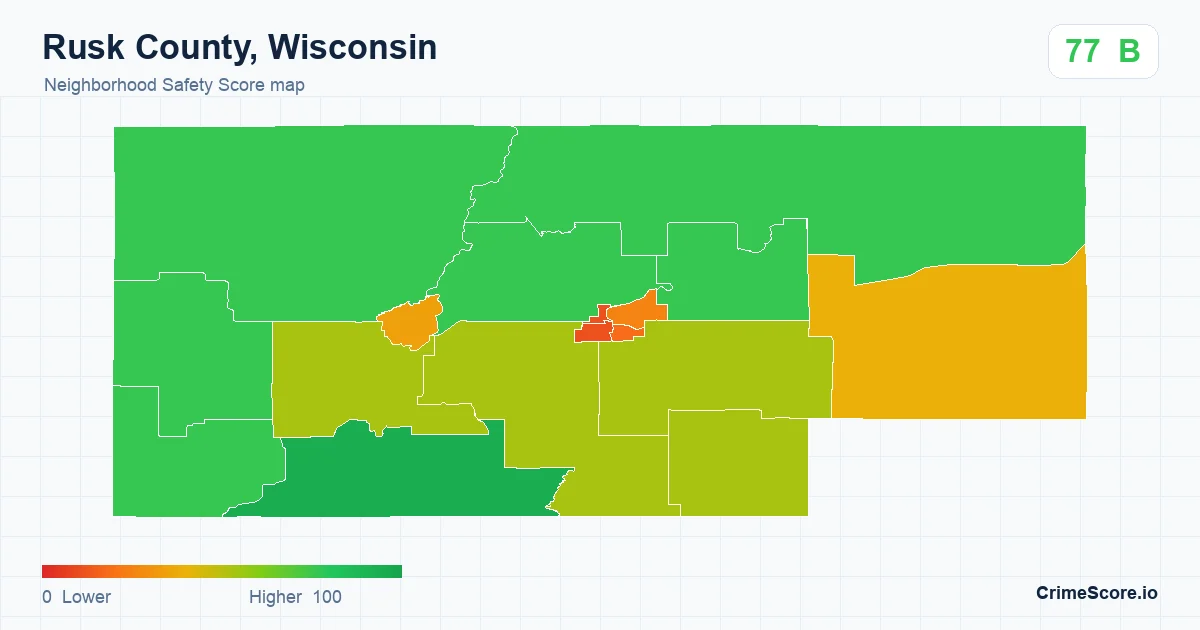 Rusk County, Wisconsin neighborhood Safety Score map by Census block group