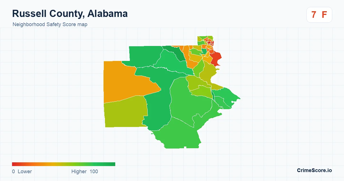 Russell County, Alabama neighborhood Safety Score map by Census block group