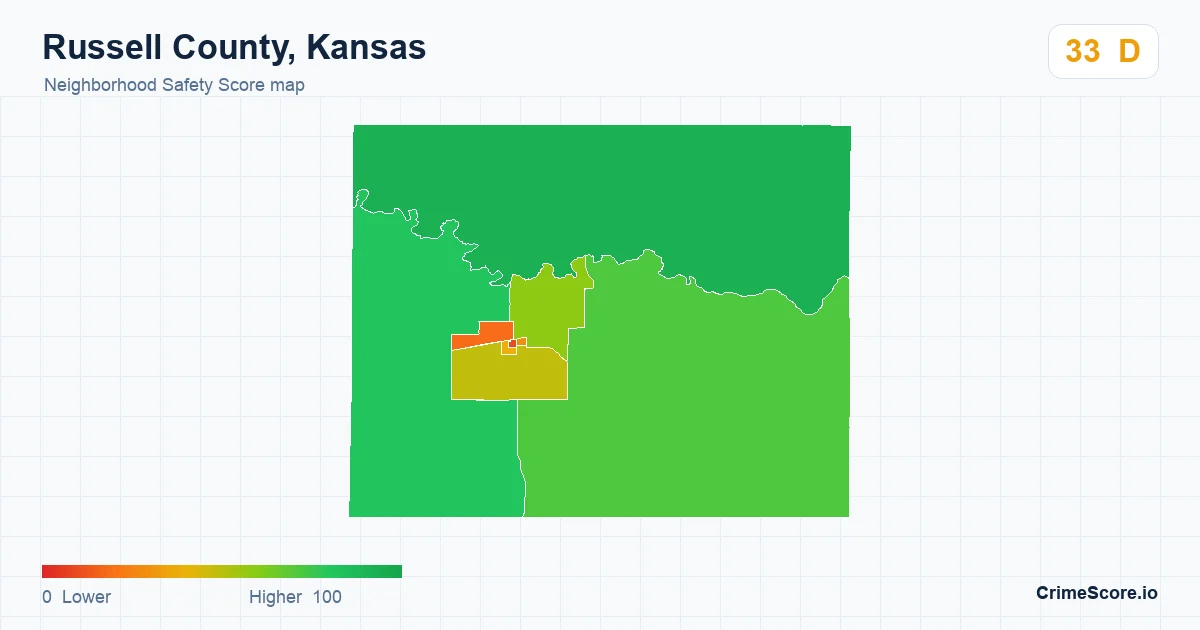 Russell County, Kansas neighborhood Safety Score map by Census block group