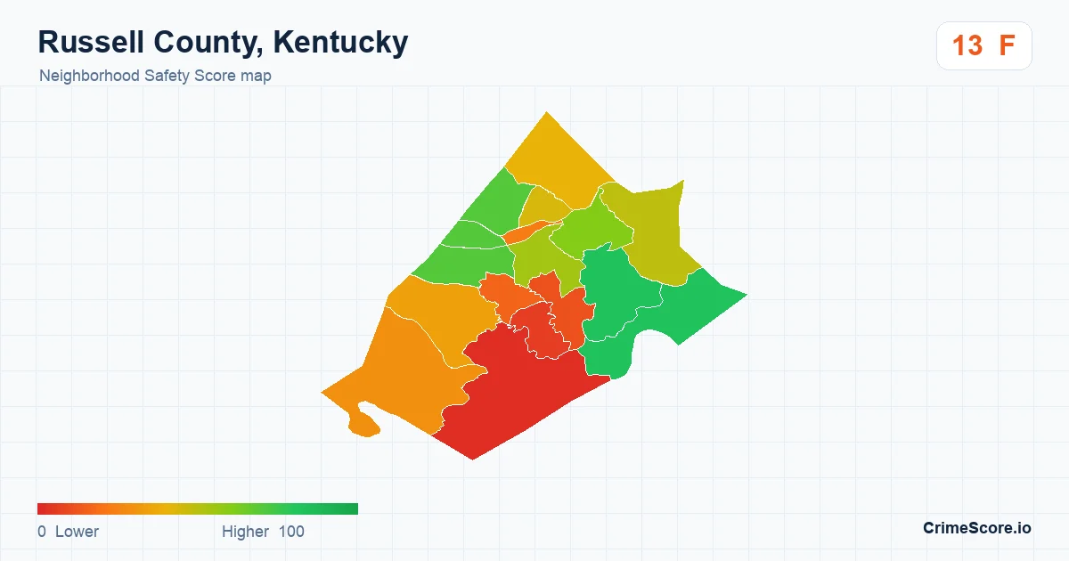 Russell County, Kentucky neighborhood Safety Score map by Census block group