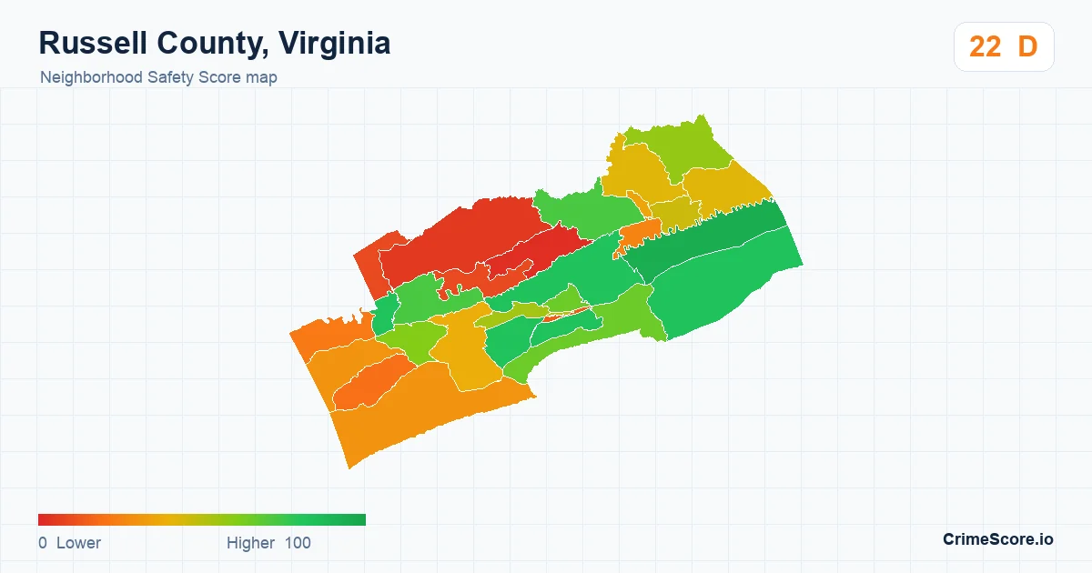 Russell County, Virginia neighborhood Safety Score map by Census block group