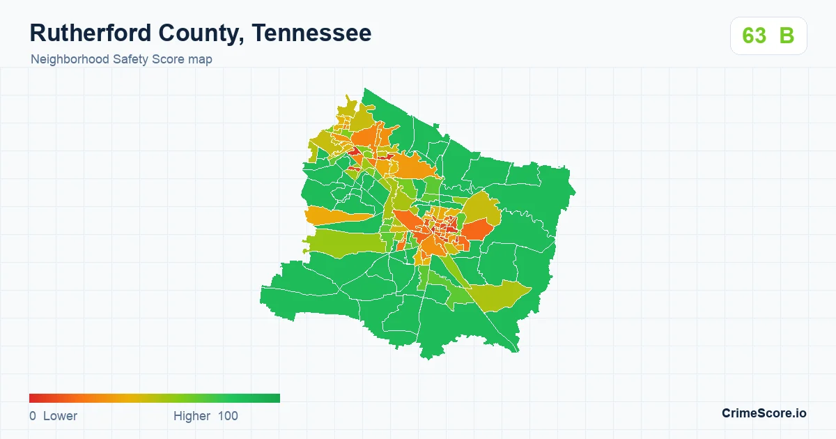 Rutherford County, Tennessee neighborhood Safety Score map by Census block group